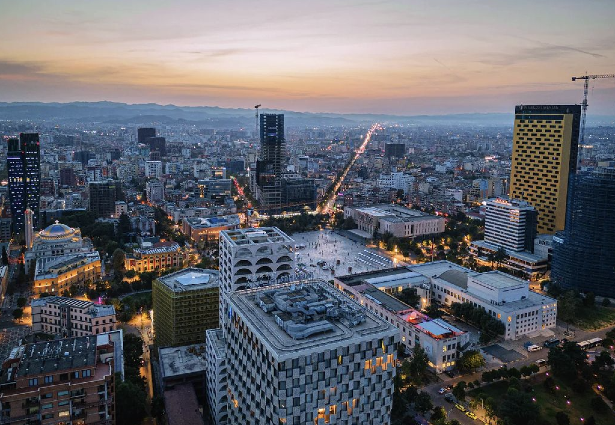 Tirana and Skanderbeg Square at dusk, photographed from above